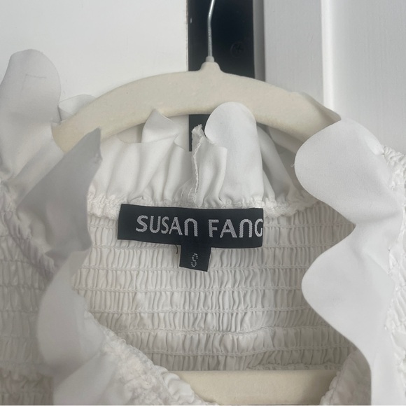 Susan Fang White Ruffled Top Smocked Short Sleeve White Blouse - Picture 4 of 6